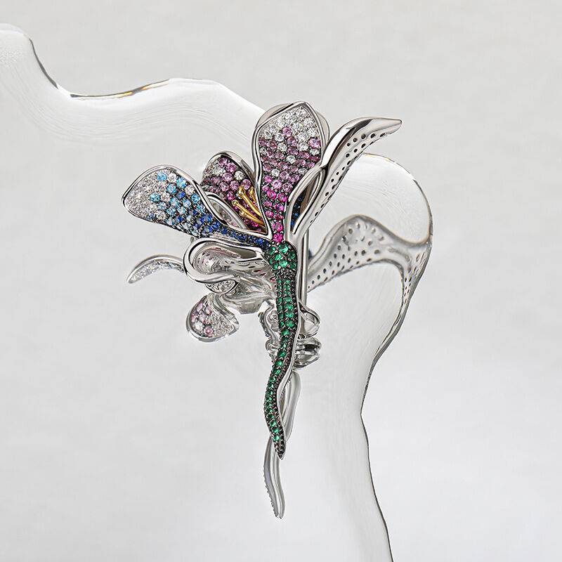 Jeulia "Invisible Flower" Multi-colored Stones Sterling Silver Brooch