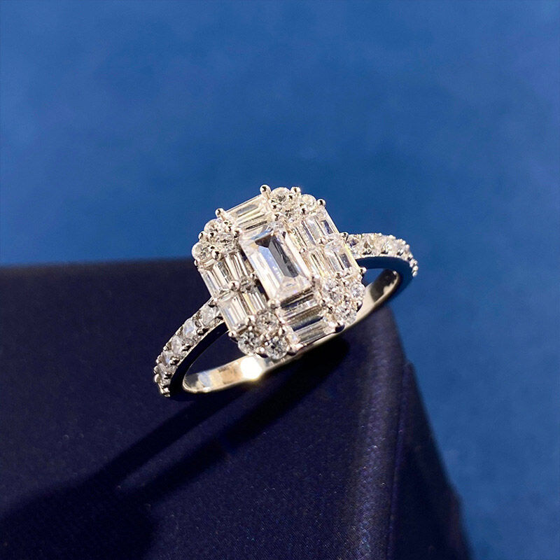 Jeulia Halo Geometric Radiance Emerald Cut Engagement Ring Sterling Silver