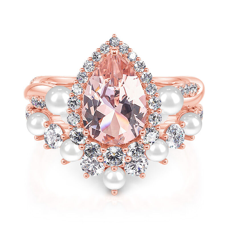 Jeulia Twist Halo Pear Wedding Ring Set Morganite Pearl