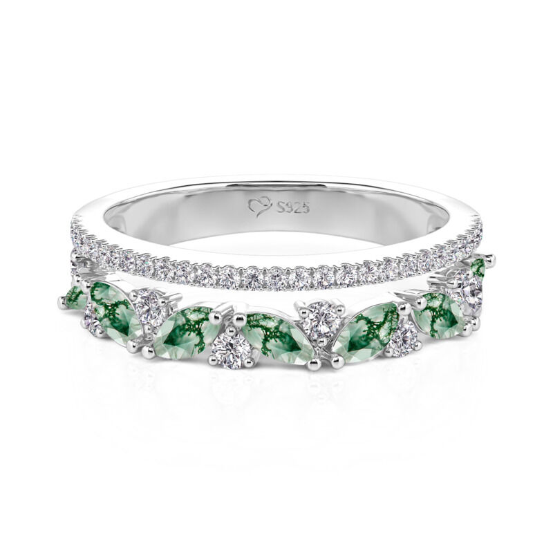 Jeulia Bague Double Rangée en Agate Mousse Coupe Marquise pour Femmes
