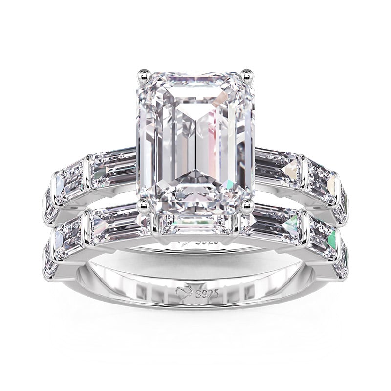 Jeulia Classic Emerald Engagement Ring Set with Pave Setting Band Sterling Silver