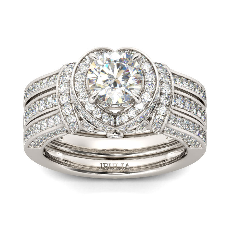 Jeulia Conjunto De Anillos Con Halo De Talla Redonda En Plata De Ley