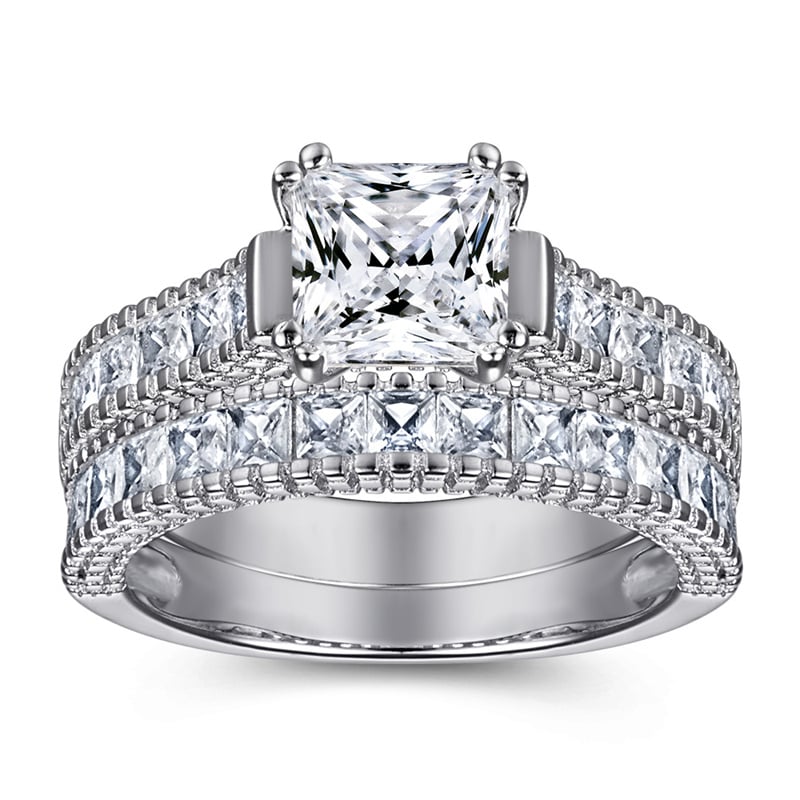 Jeulia Classic Radiant Cut Sterling Silver Ring Set