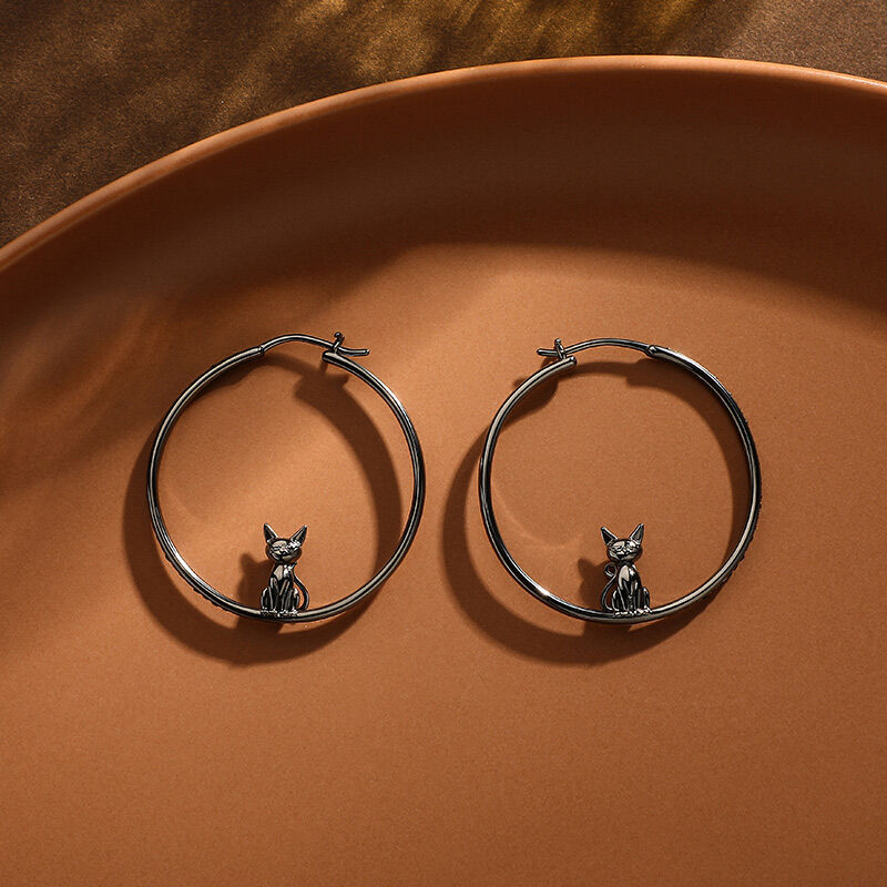 Jeulia "Death Witness" Black Cat Sterling Silver Hoop Earrings