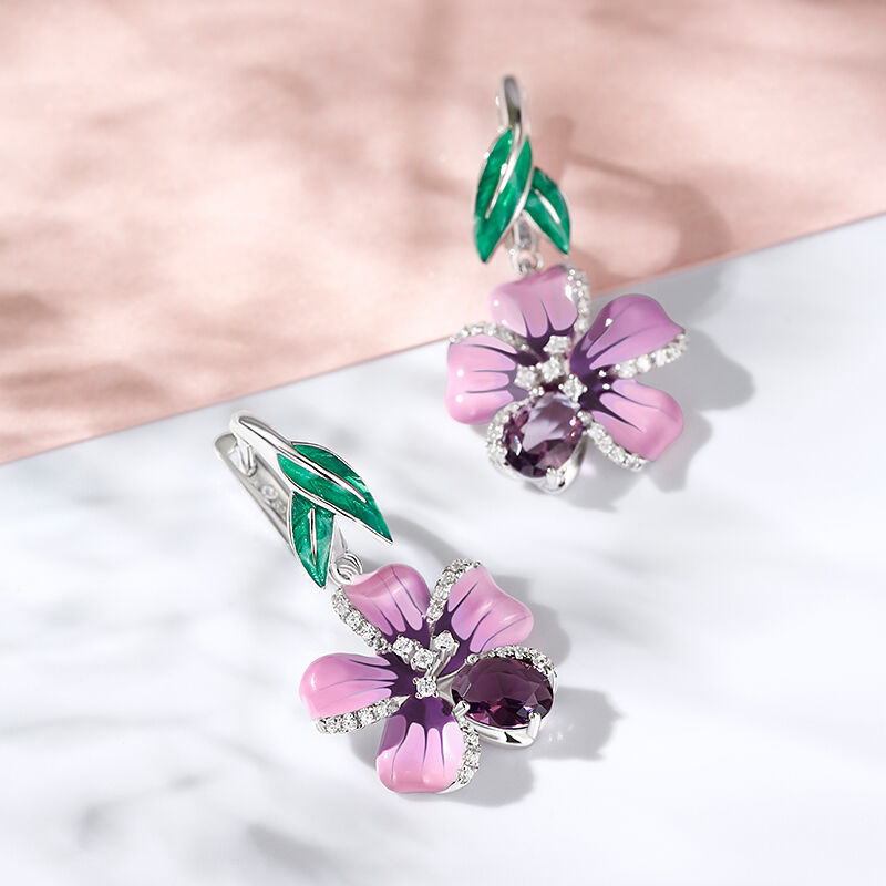Jeulia "Freshness of Spring" Flower Enamel Sterling Silver Drop Earrings