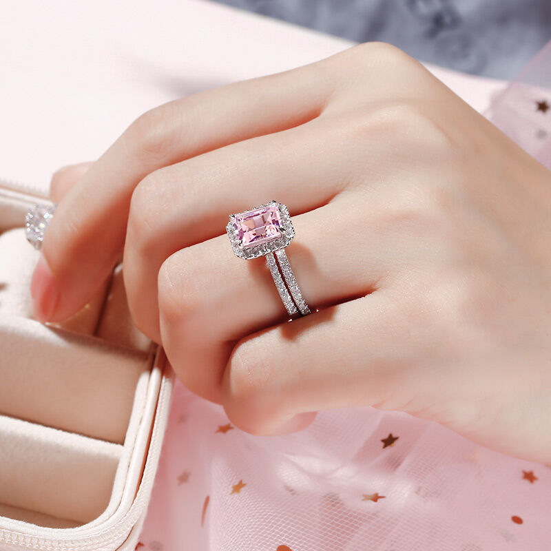 Jeulia Halo Emerald Cut Synthetic Morganite Sterling Silver Ring Set