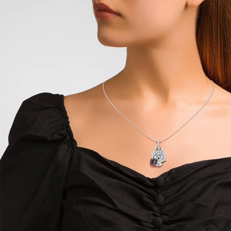 Jeulia "Forever Romance" Skull and Rose Flower Sterling Silver Necklace