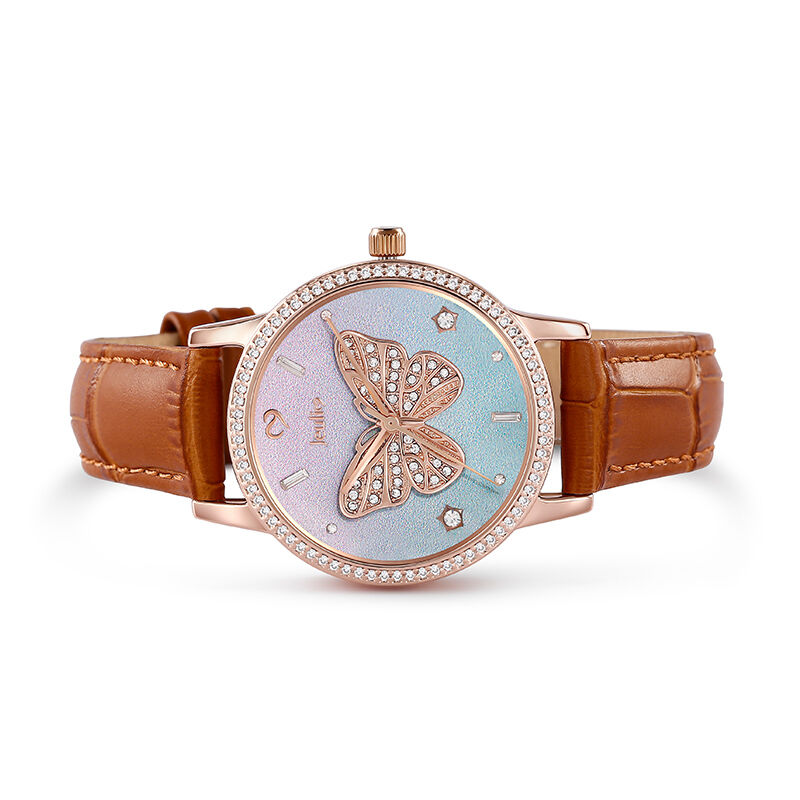Jeulia "Dreamy Rainbow" Butterfly Design Quartz Brown Leather Watch with Ombre Dial