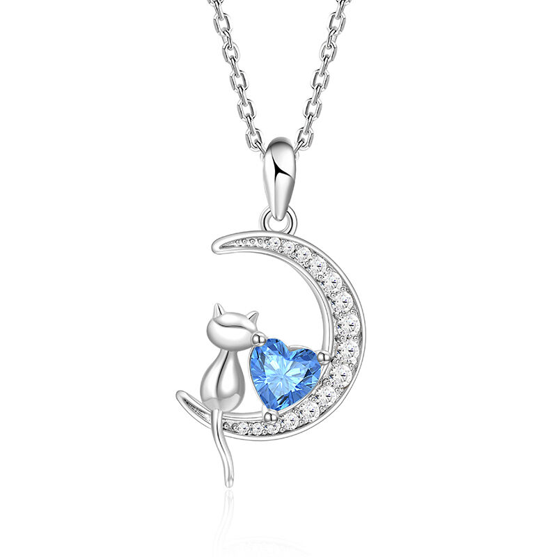 Jeulia "Distant Thoughts" Cat and Heart Moon Necklace with Birthstone