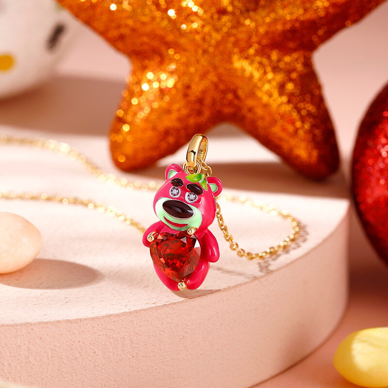 Jeulia Hug Me "Pink Boy"  Bear with Strawberry Sterling Silver Necklace