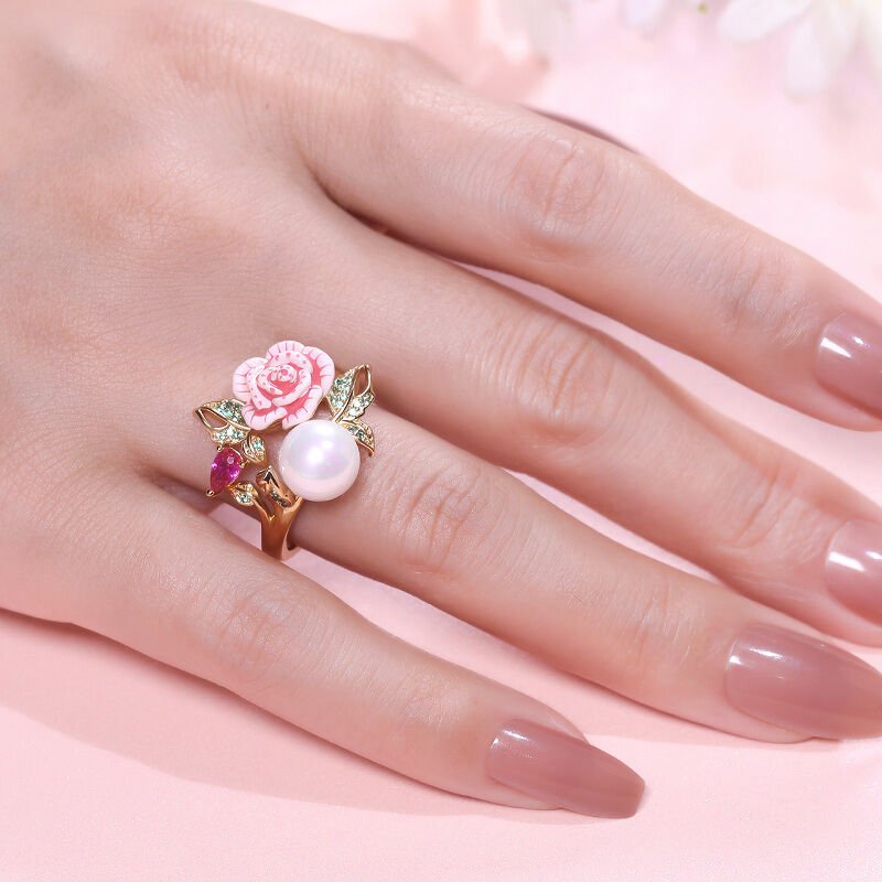 Jeulia "Cherished Love" Perle Rose Blume Emaille Sterling Silber Ring