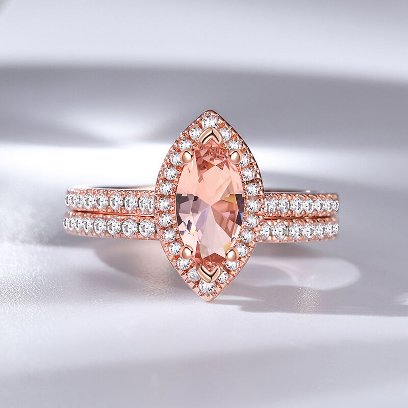 Jeulia Halo Marquise Cut Synthetic Morganite Sterling Silver Ring Set