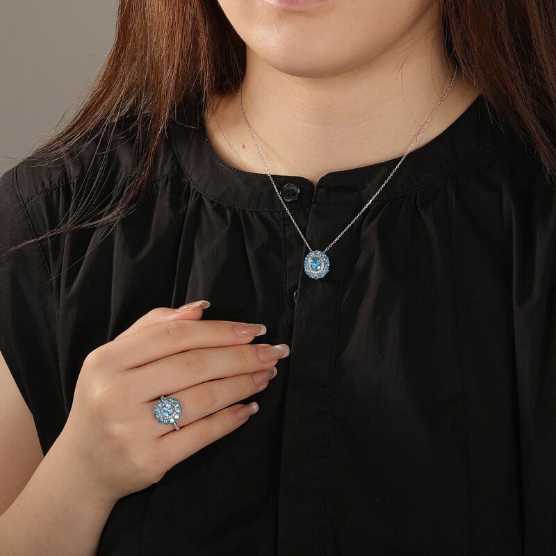 Jeulia Summer Seaside Halo Aquamarine Necklace