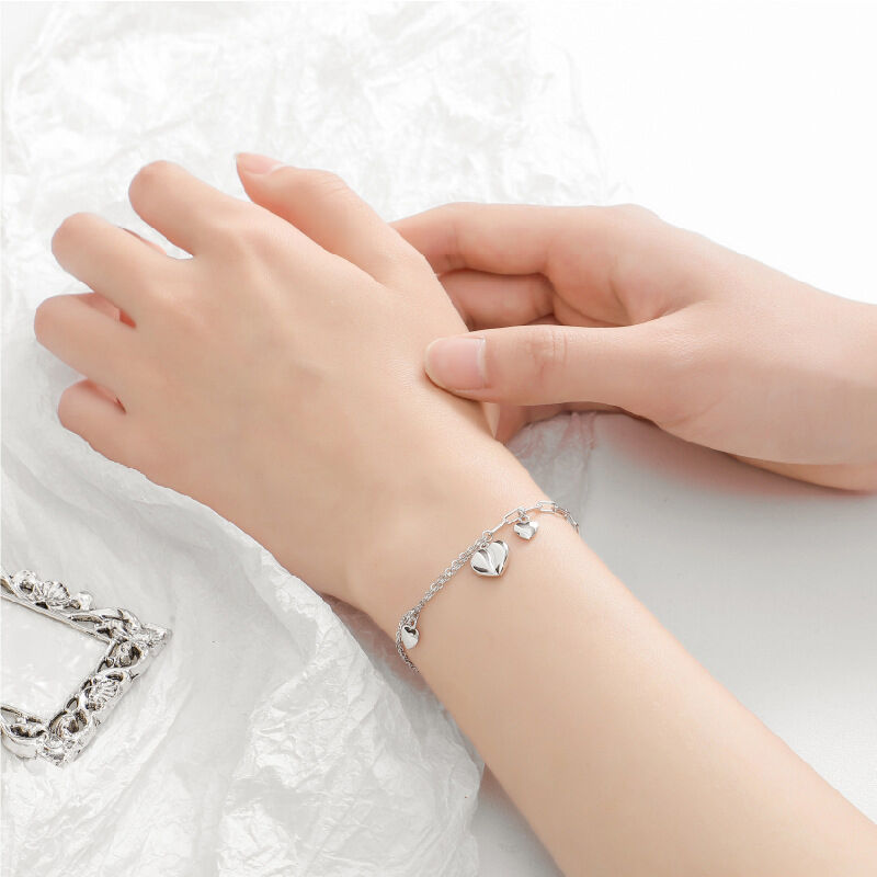 Jeulia Heart Charm Chain Link Sterling Silver Bracelet
