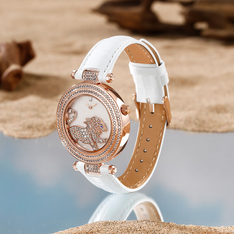 Jeulia "Wild Beauty" Lion Quartz White Leather Watch with Mother of Pearl Dial