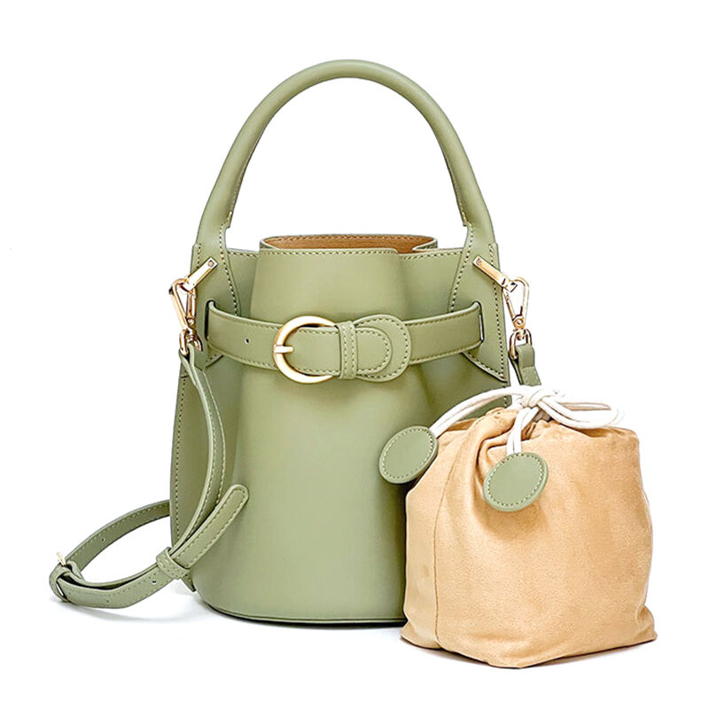 Jeulia Timeless Bucket Bag Green Satin Calfskin Leather Handbag with Belt