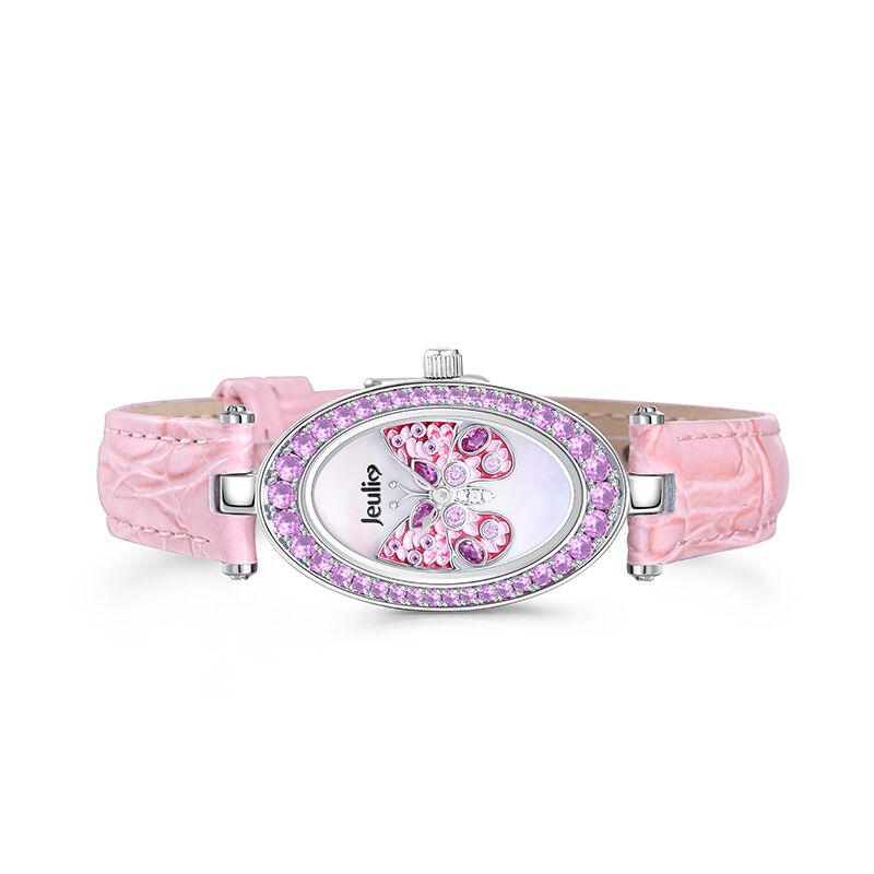 Jeulia "Fluttering Moment" Butterfly Quartz Pink Leather Watch with Mother of Pearl Dial