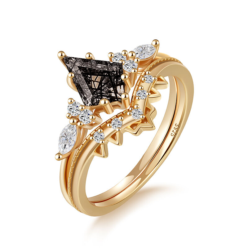 Jeulia Classic Kite Cut Black Rutilated Quartz Ring Set