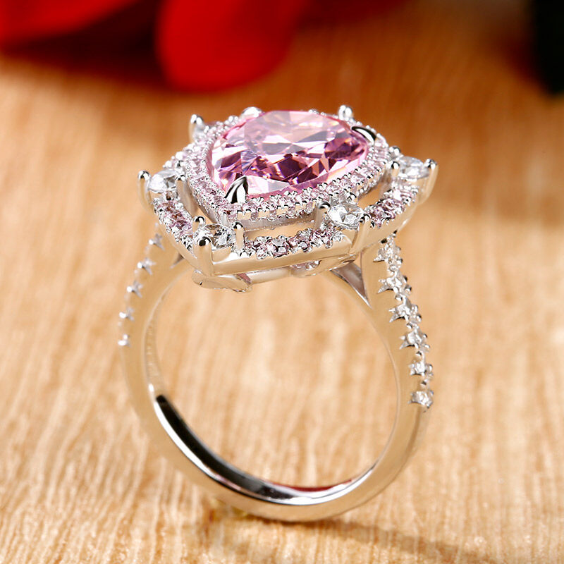 Jeulia Double Halo Pear Cut Pink Stone Sterling Silver Ring