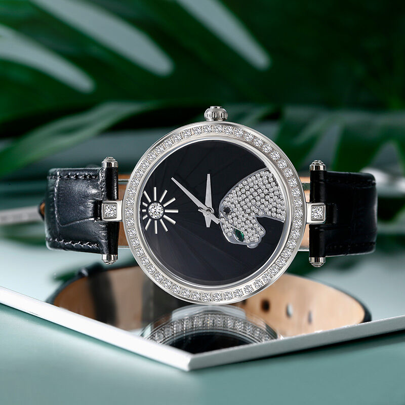 Jeulia "Jungle Fever" Leopard Quartz Black Leather Watch with Black Dial