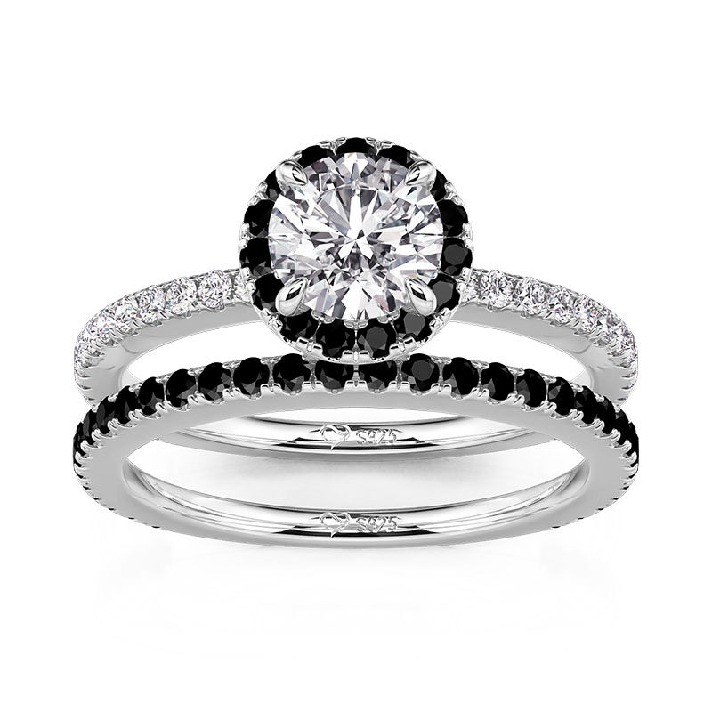Jeulia Halo Round Engagement Ring Set With Black Accents