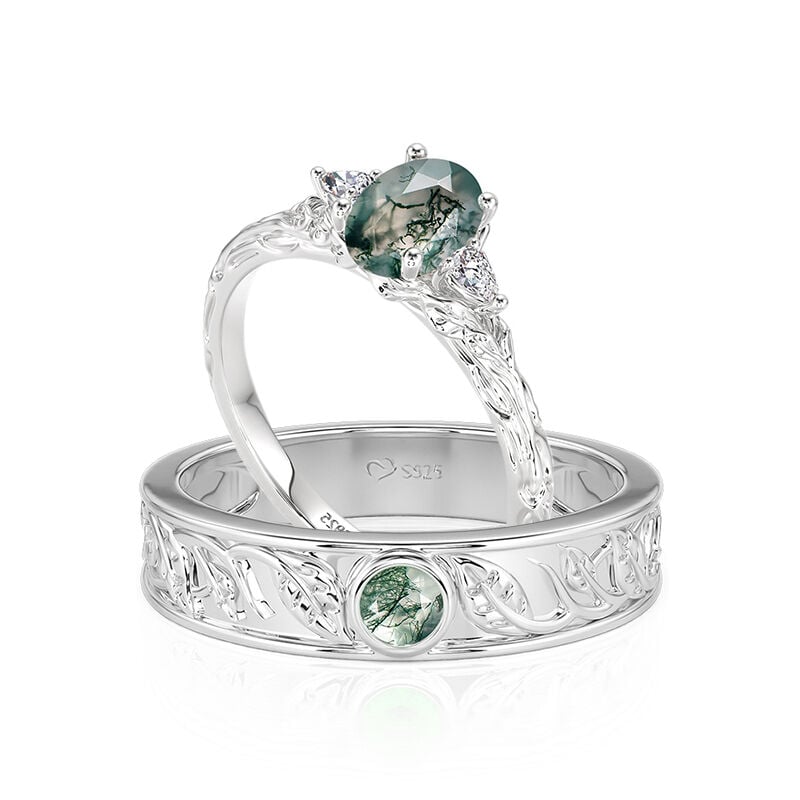 Jeulia Nature Inspired Moss Agate Couple Rings Set