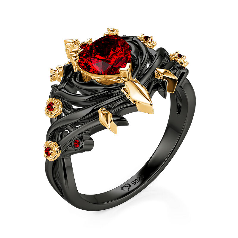 Jeulia Anillo con Espada Corazón Rojo con Argolla de Espinas Negras