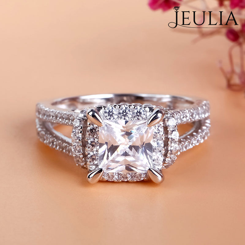 Jeulia Split Shank Princess Cut Sterling Silver Ring