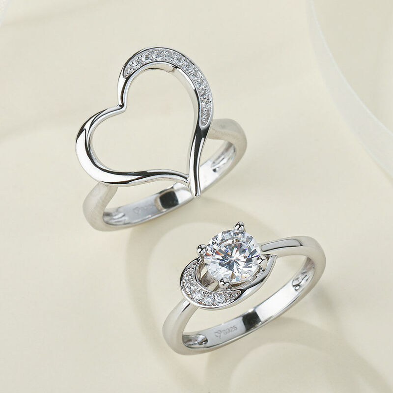 Jeulia Heart Shape Round Cut Sterling Silver Ring Set