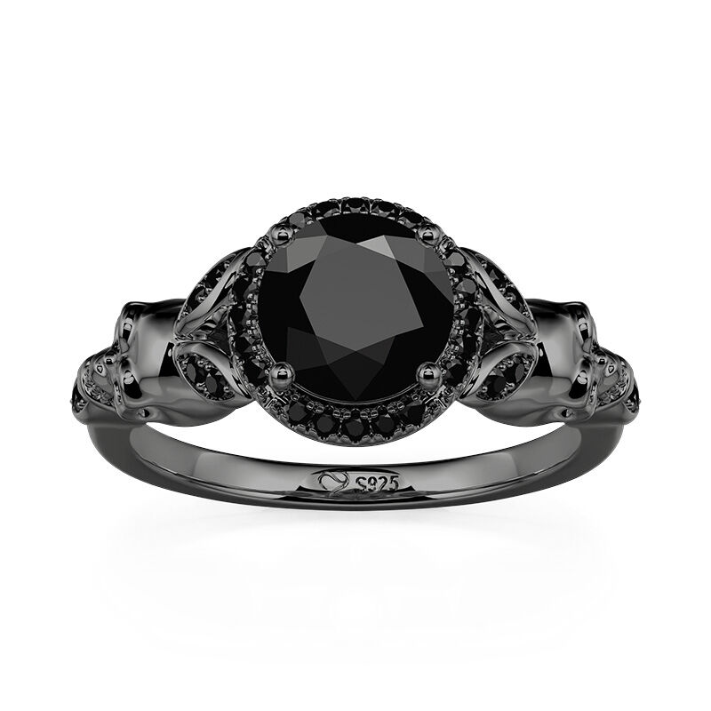 Jeulia Bague Crâne Noir Halo Coupe Ronde Gothique en Argent Sterling