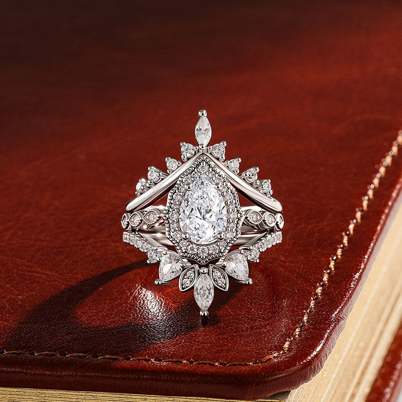 Jeulia Vintage Halo Pear Bridal Set with Enhancer Sterling Silver