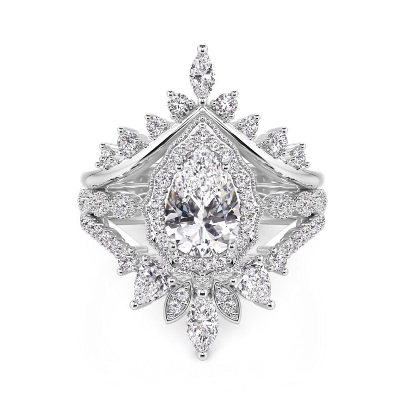 Jeulia Vintage Halo Pear Bridal Set with Enhancer Sterling Silver