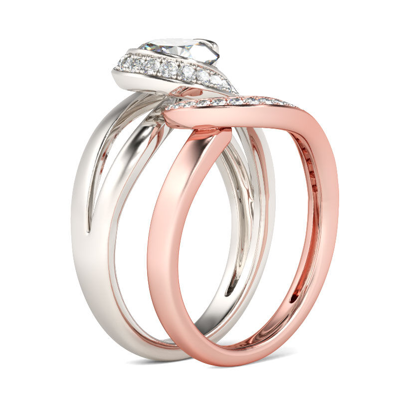 Jeulia Conjunto De Anillos Con Dos Tonos De Tallo Dividido De Talla Redonda En Plata De Ley