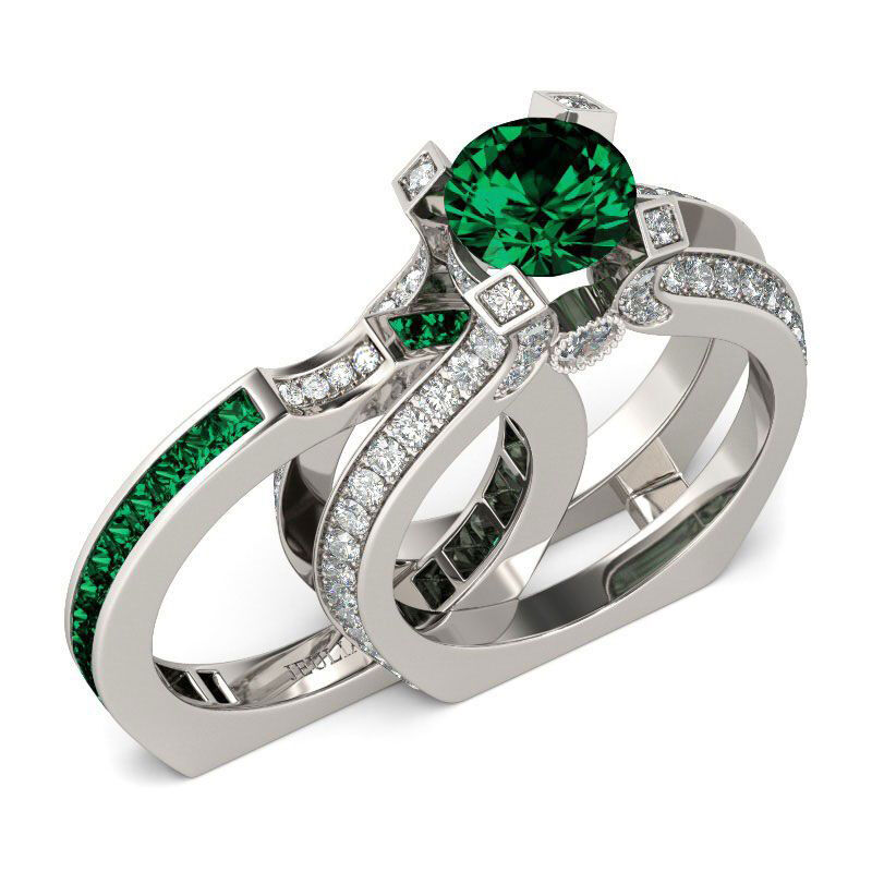 Jeulia Interchangeable Round Cut Created Emerald Ring Set