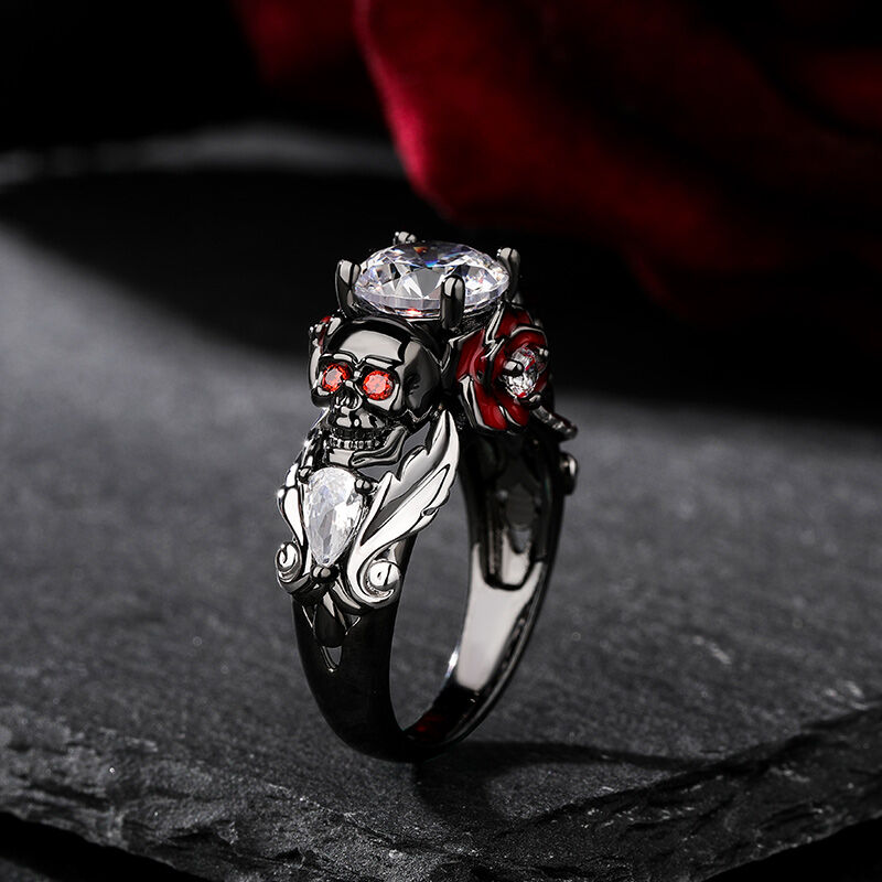 Jeulia "Romantic Death" Skull Design Round Cut Rose Sterling Silver Ring