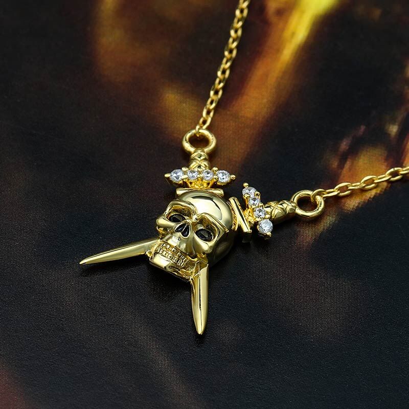 Jeulia "Double Sword" Skull Sterling Silver Necklace