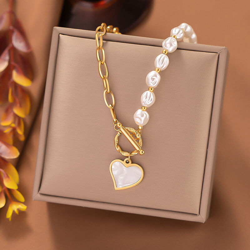 Jeulia Heart Pearl Titanium Steel Necklace