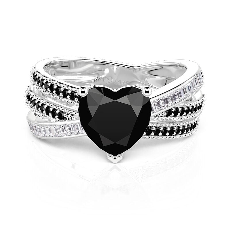 Jeulia Anel Coração Preto e Branco Cruzado em Prata Sterling
