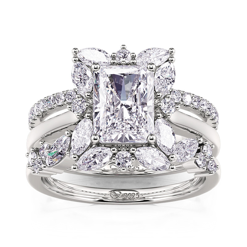 Jeulia Floral Halo Engagement Ring Set 3PC Radiant Cut Sterling Silver