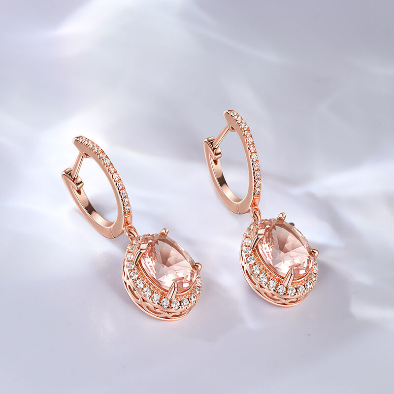 Jeulia Halo Orecchini pendenti con morganite sintetica a taglio ovale in Argento Sterling