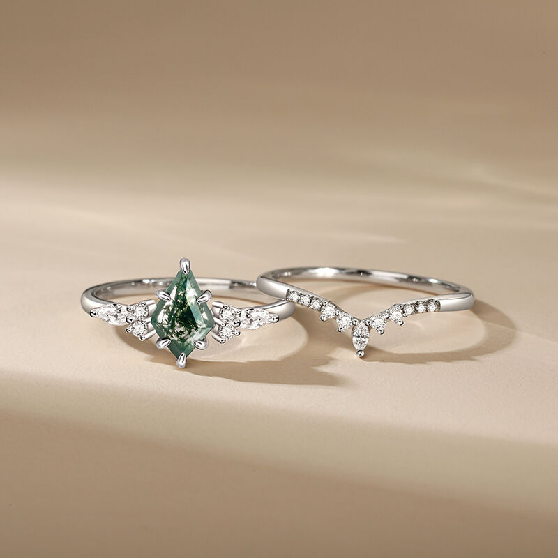 Jeulia Vintage Moss Agate Engagement Ring Set Sterling Silver