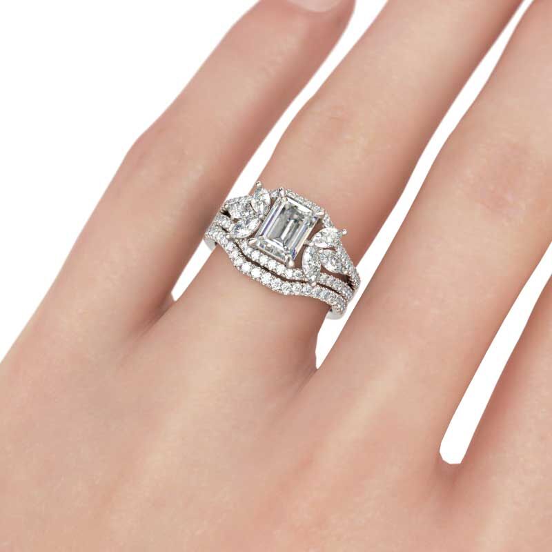 Jeulia Flower Design Emerald Cut Sterling Silver Ring Set