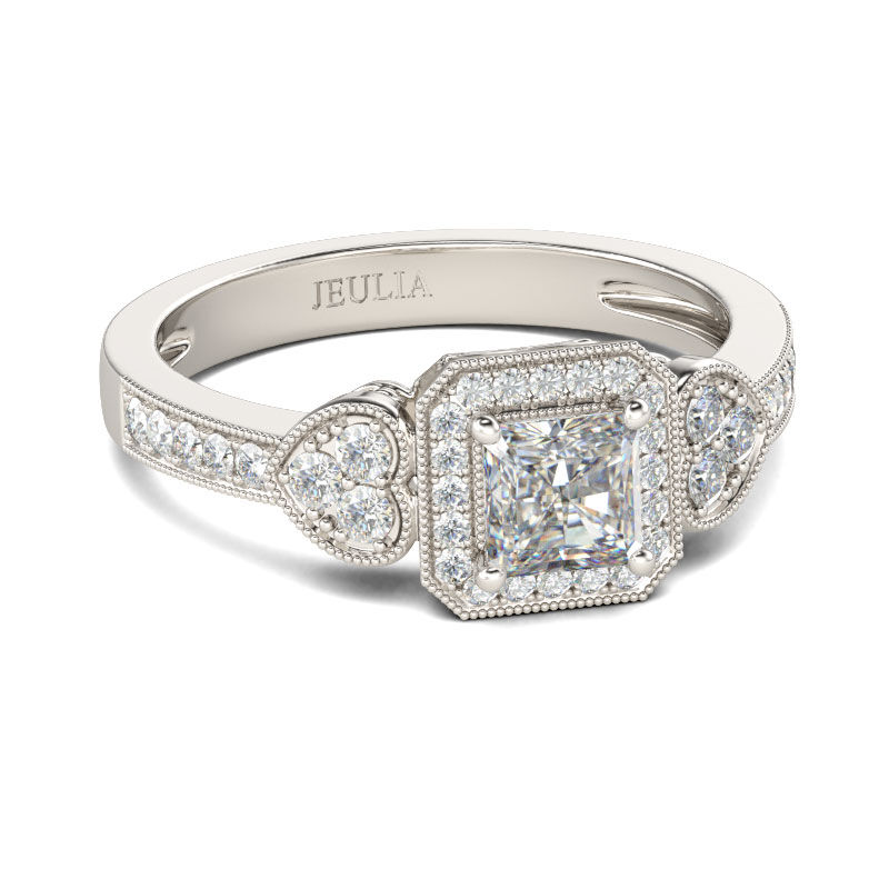 Jeulia Halo Heart Design Princess Cut Sterling Silver Ring