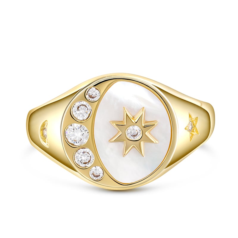 Jeulia Crescent Moon Star Signet Sterling Silver Ring