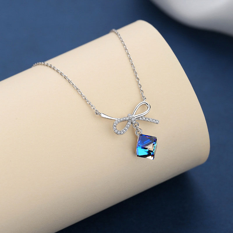 Jeulia Bowknot with Sapphire Stone Sterling Silver Necklace