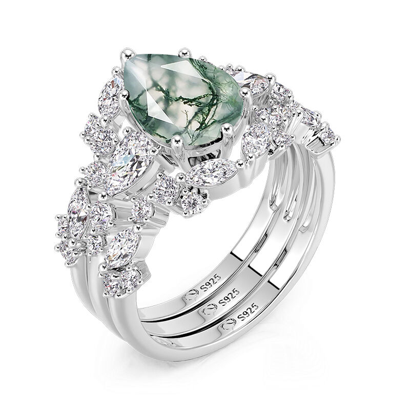 Jeulia Olivetta Juego de Anillos Corte Pera de Ágata Musgo