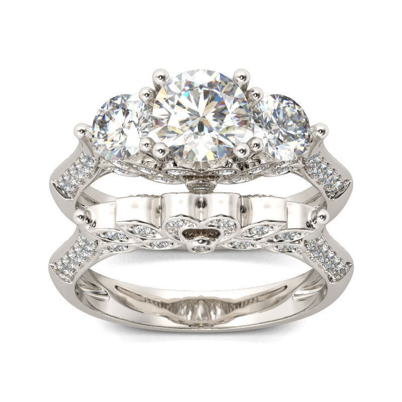 Jeulia Conjunto De Anillos Con Tres Piedras Con Forma Hoja De Talla Redonda En Plata De Ley