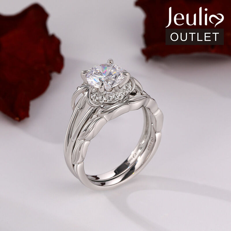Jeulia Leaf Design Halo Round Cut Sterling Silver Ring Set