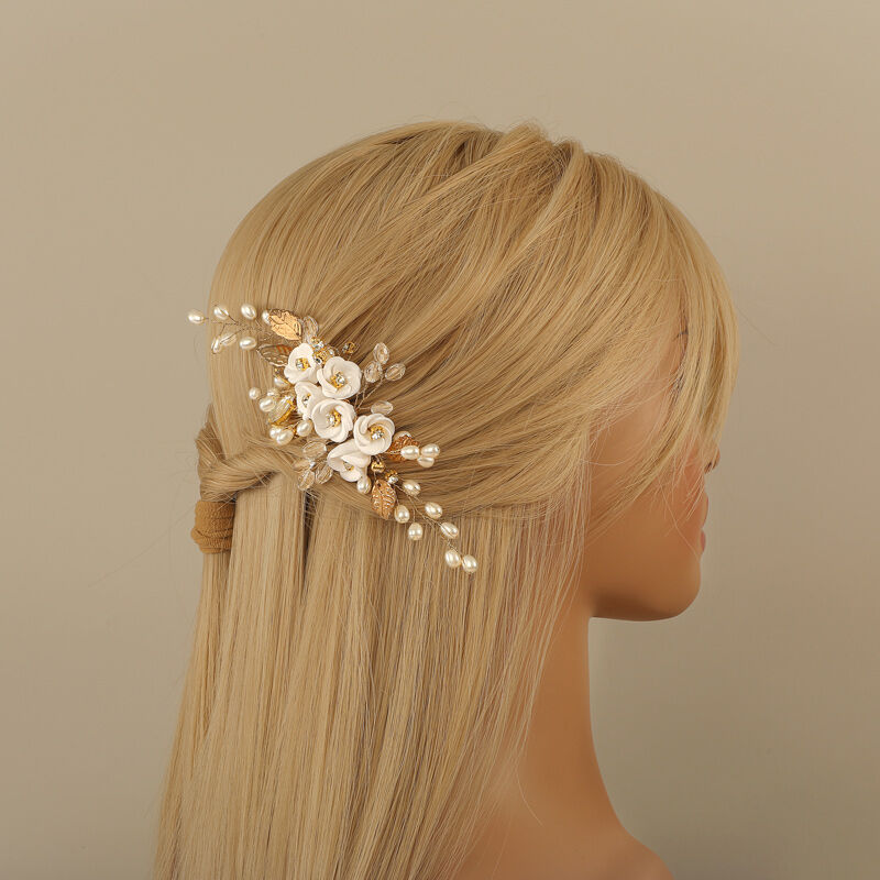 Jeulia White Flower Hair Comb Gold Tone Pearl Crystle Headpiece