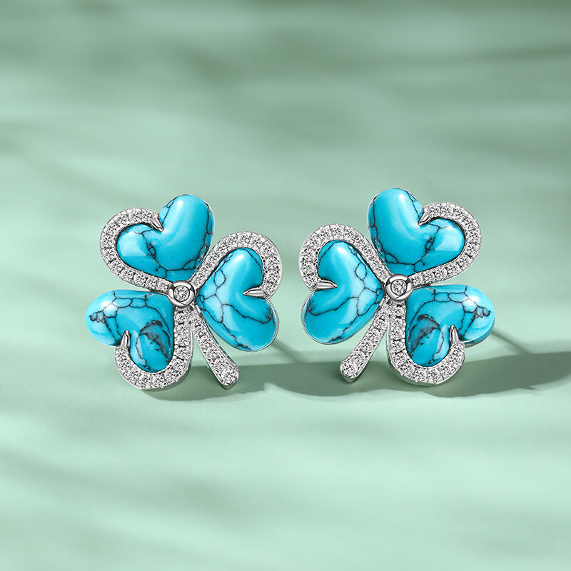 Jeulia "Heartfelt Luck" Clover Design Turquoise Sterling Silver Stud Earrings